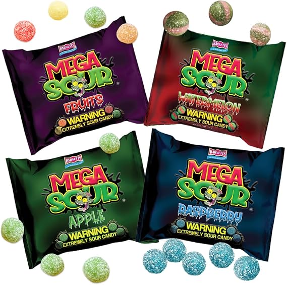4 Pack Bundle Barnetts Mega Sour Candy - Raspberry | Fruits | Apple | Watermelon - Trendy Sweet Bags - Traditionally Handmade Sweets (104g x 4)