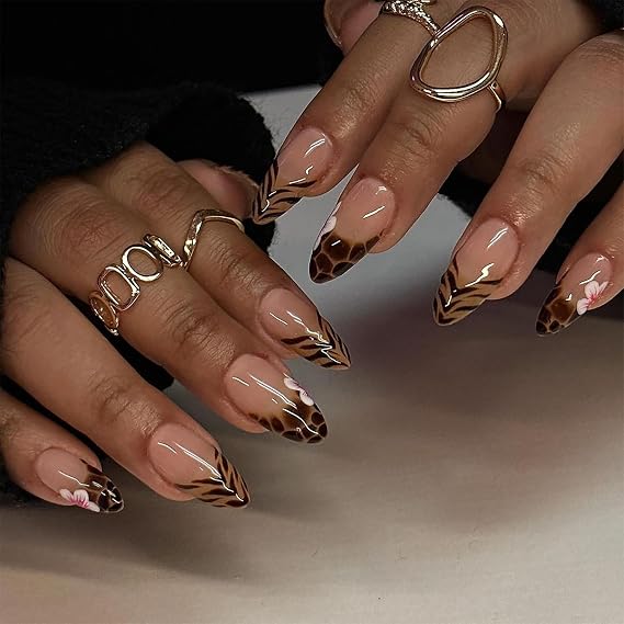 Leopard Print Press on Nails Short with Flower Design French Tip Press on Nails Almond Shaped False Nails Artificial Acrylic Nails Glossy Brown Leopard Stick on Nails for Women 24Pcs