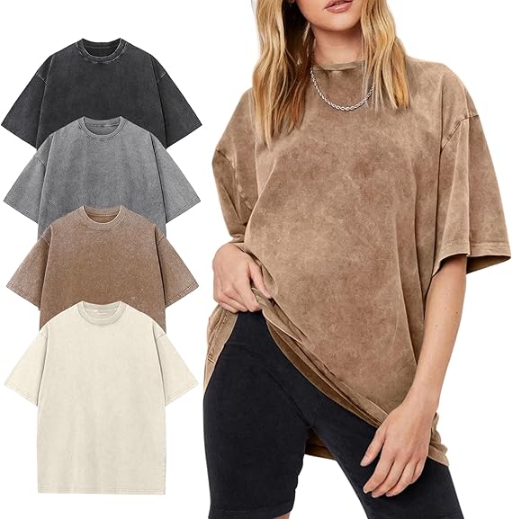 Wyeysyt Oversized Tshirts for Women Vintage Washed Baggy Tees Cotton Short Sleeves Acid Shirts Unisex Tops
