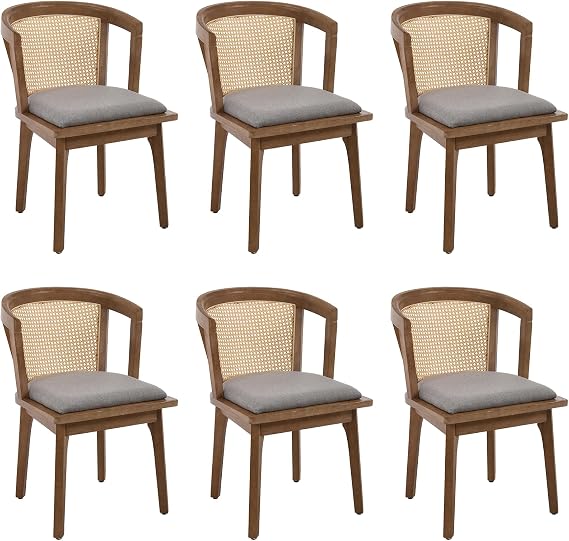 Kmax Modern Rattan Dining Chair Set of 6 Farmhouse Semi Barrel Dining Room Chair Wooden Upholstered Chair Oak Finish for Kitchen, Walnut/Grey Seat