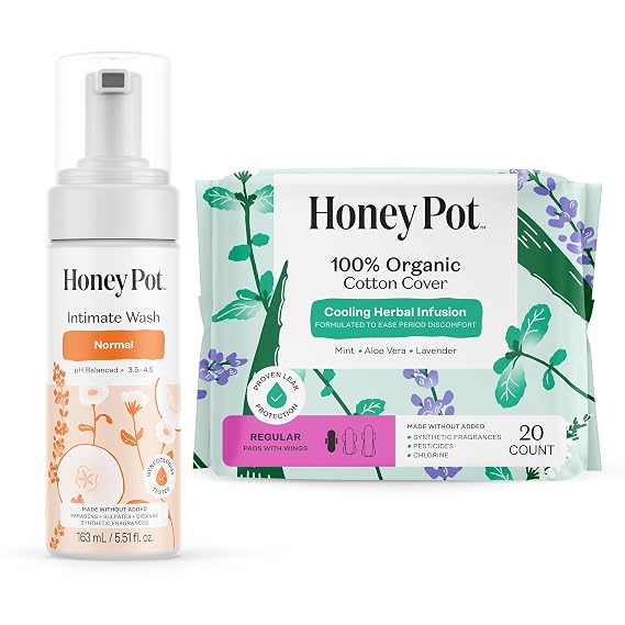 The Honey Pot Company - Normal Feminine Wash & Herbal Pads for Women Bundle- PH Balanced Feminine Products - Regular Flow w/Wings - Sanitary Pads - Feminine Care