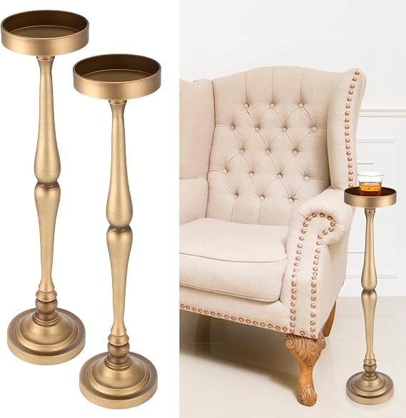 CroBlissful 2 Pcs Round Martini Drink Table for Small Spaces Nightstand Living Room Bedroom Side Table Drink Stand Cocktail Pedestal End Vintage Metal Decor, 5.74x5.74x25.98''(Brass)