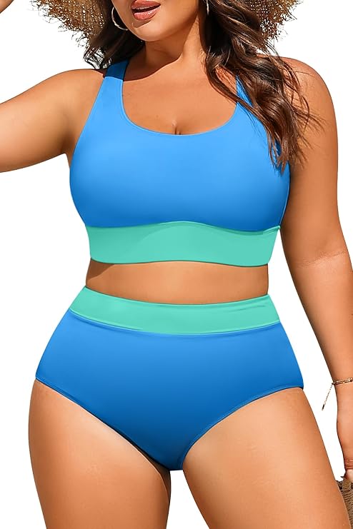Plus Size Colorblock Two Piece High Waisted Bikini Set Scoop Neck Swimsuit | Flattering tummy control, Full coverage bottom, Soft removable padding, Stylish criss cross back,Non-slip wide straps
