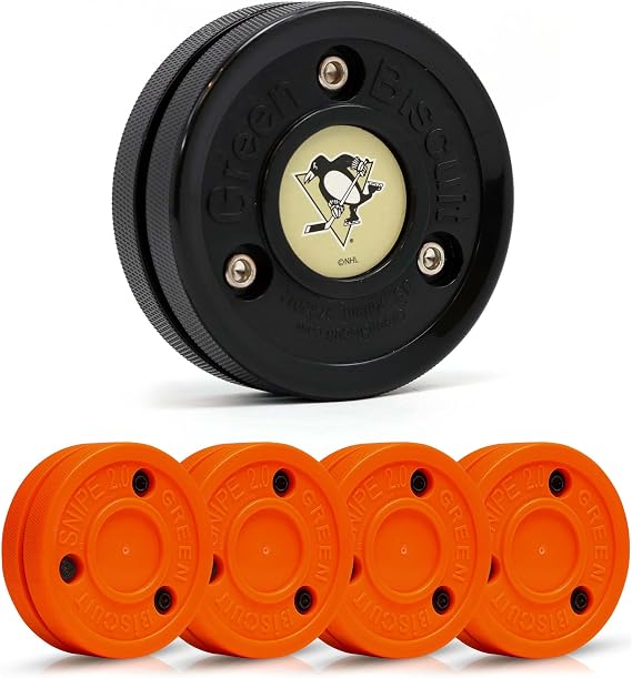 Green Biscuit Hockey Puck- 4 Pack Orange 2.0 Snipe Shooters Off Ice Hockey Pucks with 1 NHL Puck and GB Stickers- Offcial Street Hockey Pucks for Classic Training