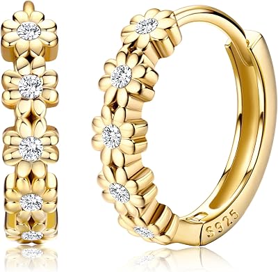 MILACOLATO Solid 925 Sterling Silver Small Hoop Earrings for Women 14K Gold Plated Daisy Huggie Hoop Earrings Cute Cubic Zirconia Flower Hoop Earrings Hypoallergenic Earrings
