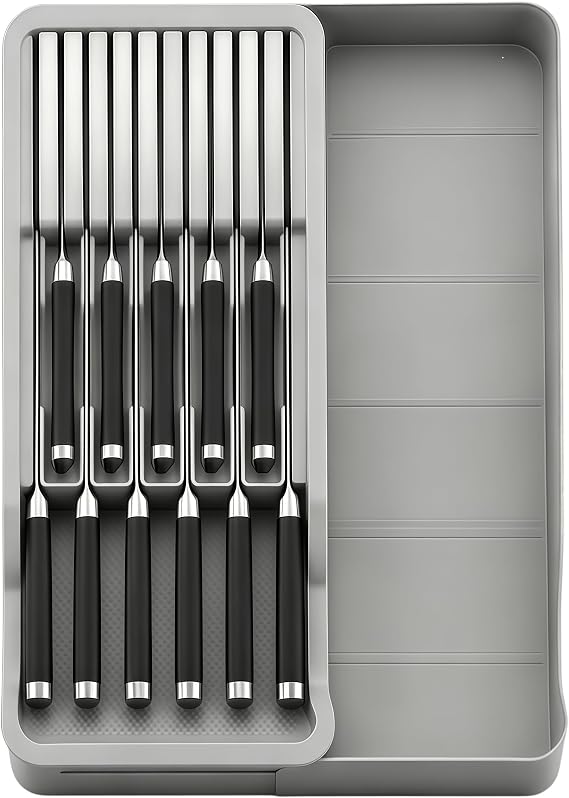 RIIPOO Expandable Drawer Knife Organizer, Adjustable Kitchen In-Drawer Knife Block Holder