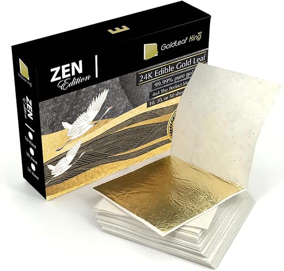 99.99% Pure Gold Edible Gold Leaf Sheet 24K GoldleafKing Zen Edition 10, 30, 50 Sheets Pack x 1.6 inches | 4x4cm The Perfect Medium Size (Zen Edition - 50 Sheet)