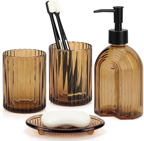Bathroom Accessories Set, 4Pcs Glass Bathroom Accessories Set Complete Lotion Soap Dispenser, Toothbrush Holder, Mouthwash Cup, Soap Dish for Bathroom Decor, Countertop Organizer (Amber A)