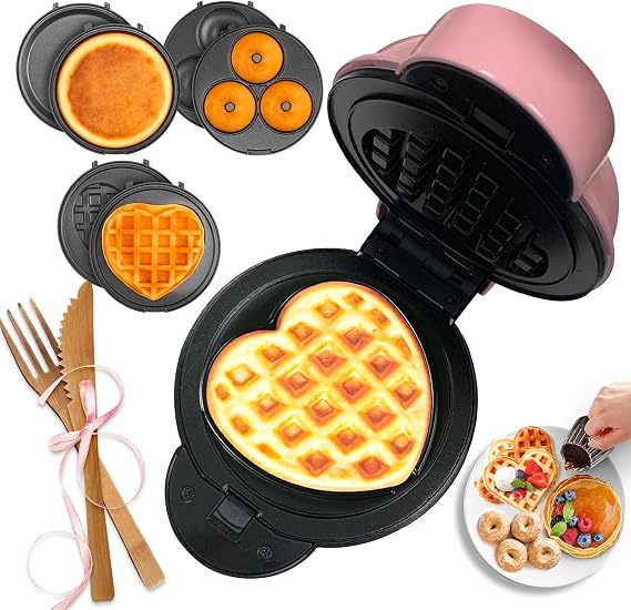 Mini Waffle Maker with 6 Removable Plates,Small Heart Waffle Maker Keto,3-in-1 Multi-plate set,Wafflera Iron for Kids Family&Individuals,4'' Non Stick Cooking Plates with Fast & Even Heating