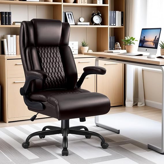 Office Chair, Big and Tall 400LBS Heavy Duty Executive Office Desk Chair with Flip-up Armrest, Ergonomic Swivel High Back Office Chairs with Lumbar Support, PU Leather (Brown)