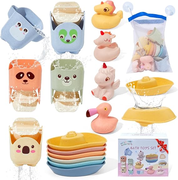 Mold Free Bath Toys, 15PCS | Safe Fun & Easy Clean Floating Boats & Rotating Waterfall Cups & Sealed with No Holes Floating Tub Toy and Mesh Bag for Babies 18+ Months | Bathtub Pool Water Toddler Toys