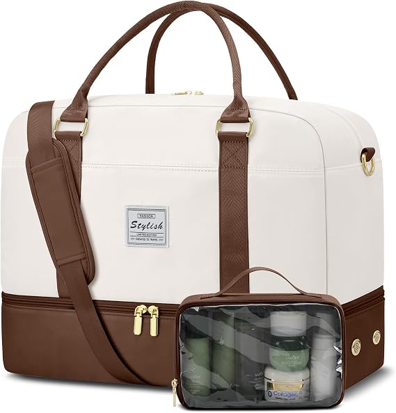 Weekender Travel Duffle Bag for Women: Overnight Bags with Shoe Compartment Carry on Bags for Airplanes with Toiletry Bag Yoga Gym Bag with Wet Pocket Travel Duffel Tote Bag Hospital Bag Brown Beige