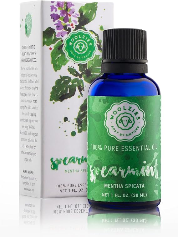 Woolzies 100% Pure & Natural Spearmint Essential Oil 1 Oz - Promotes Digestion - Promotes Uplifting Mood & Focus - Cleanses Mouth & Freshens Breath - for Diffusion, Topical & Aromatherapy Use