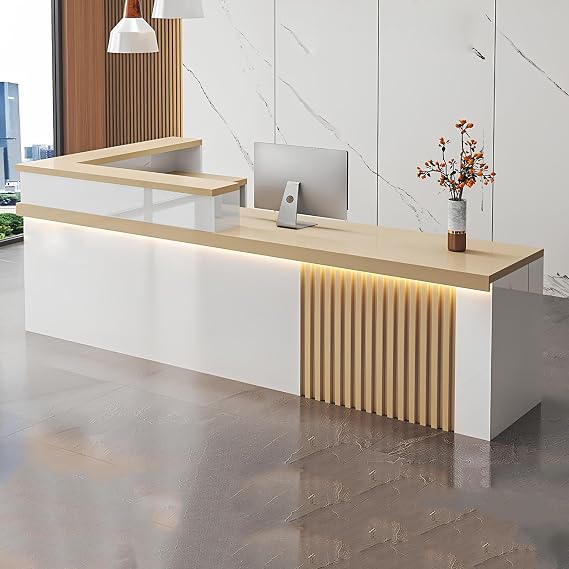 L Shaped Reception Desk with Counter, Salon Modern Reception Desk with Lockable Drawer & Door Cabinet & Light Strip Receptionist for Office Boutique Lobby Shop