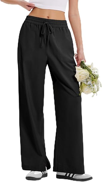 MOOSLOVER Women Linen Drawstring Dress Pants Business Casual Straight Leg Pants Loose Palazzo Pants with Pocket