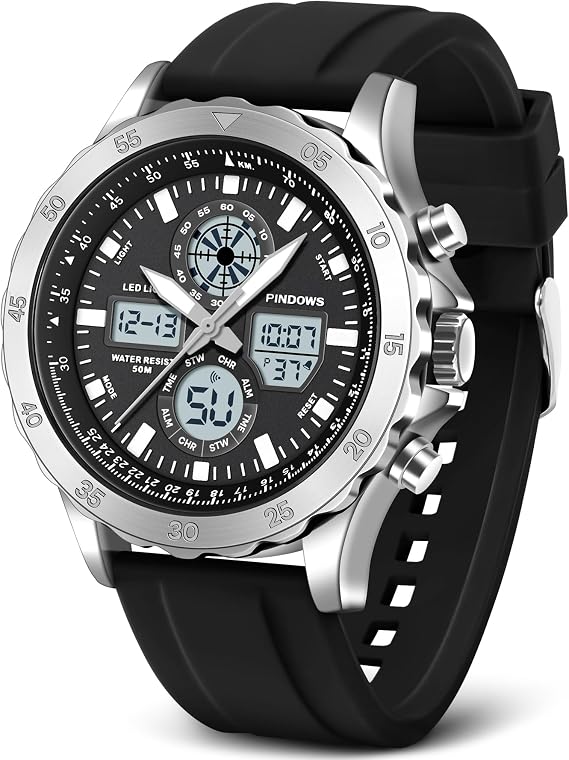 PINIDOUS Men's Watches Sports Watch Waterproof Military Watches Digital Analogue Watch for Men Stainless Steel Watches with Stopwatch Alarm Light Hourly Bell Strike Multifunctional Wristwatches