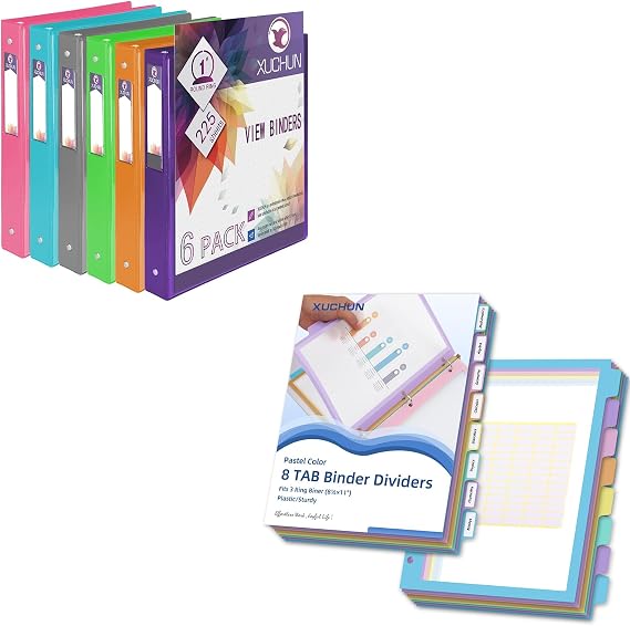 Colorful 1 inch 3 Ring Binders & 2 Sets 8 Tab Binder Dividers
