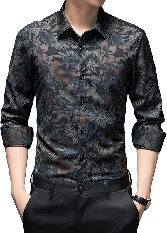 Men's Long Sleeve Slim Casual Floral Dress Shirts Stylish Flower Print Shirt Rose Printed Shirts Wedding Party