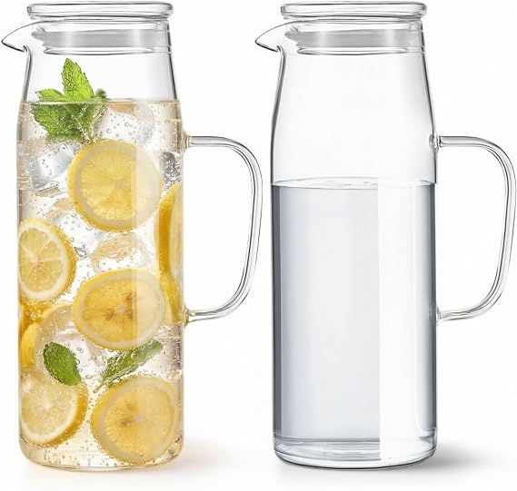 Hsei 2 Sets Glass Pitcher with Lid Water Carafe, Glass Lid, 2L