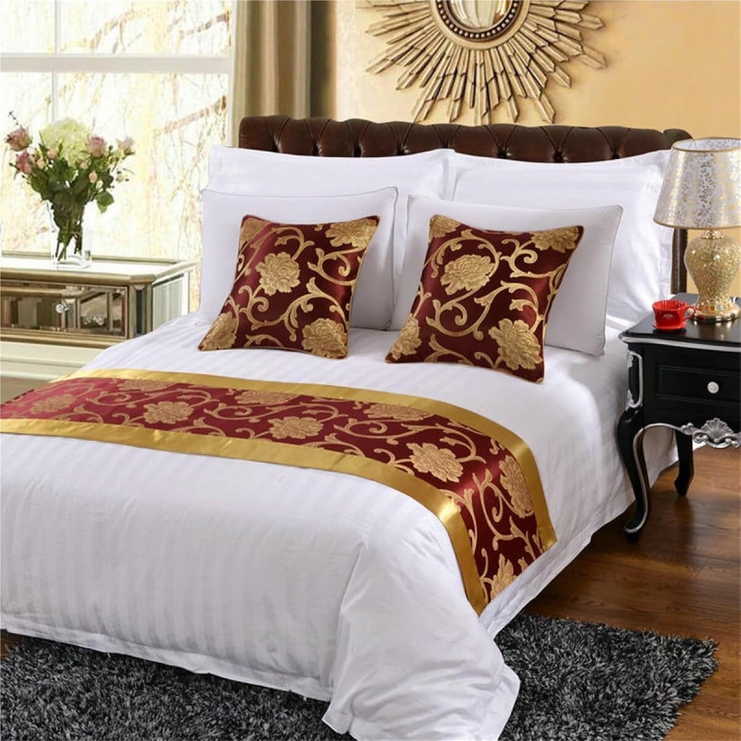 Bed Runner with 2 Pillow Cover Bed Scarf Protector Slipcover Bed Decorative Floral Queen King Size Bed Runner Bedding Scarf Bed Scarves Set for Hotel Bedroom GuesthouseRed,210X50cm