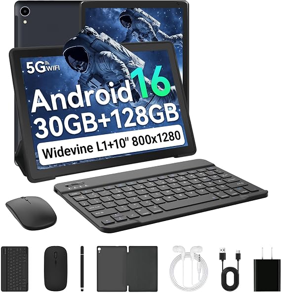 Whitedeer Tablet Android 16, 10 inch Tablet 30GB RAM 128GB ROM/2TB, Android Tablets Octa-Core Processor, Tablet 10 inch with Pen and Keyboard, WiFi 6&Bluetooth 5.0丨6000mAh丨5MP+8MP, Widevine L1-Black