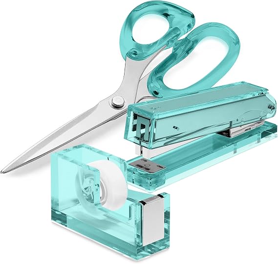 Office Goods - Green Office Supplies Set - Acrylic Tape Dispenser, Acrylic Stapler, and 9 Stainless Steel Acrylic Scissors, for Office Desk, School, or Crafts