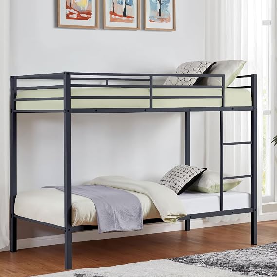 Metal Bunk Bed Twin Over Twin, Heavy-Duty Sturdy Frame with Built-in Ladder & High Safety Guardrail - Space-Saving Twin Size Bed for Kids, Teens, Adults - Easy Assembly, Black