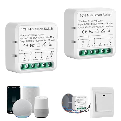 UseeLink Alexa Light Switch 2.4G WiFi Switch Modules Mini Smart Switch Compatible with Voice Assistant Alexa Smart Life Tuya Built-in Light Switch Neutral Conductor Required 1 Way Pack of 2