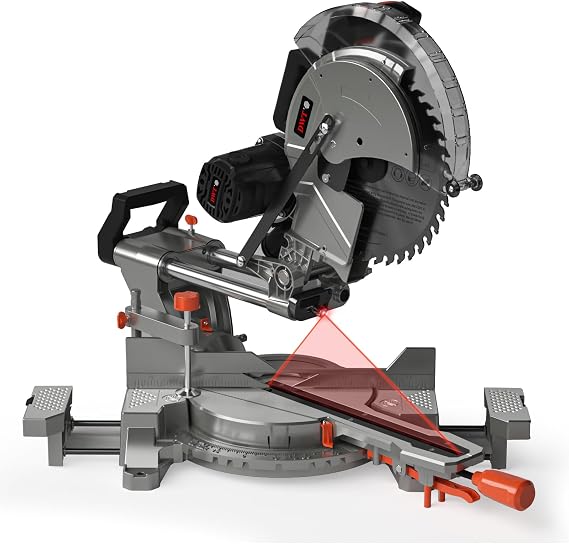 DWT 12-inch Compound Miter Saw with Double Bevel Cutting (-45/0/+45), Laser Guide, 9 Positive Stops, 3800RPM, 15Amp Miter Saw with Extension Table, 4.2x13in Cutting Capacity