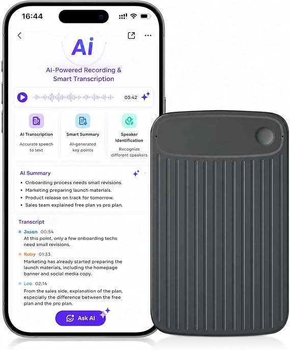 AI Voice Recorder, Note Taking Device, Transcribe & Summarize, App Control, Supports 150+ Languages, 32GB, Magnetic Audio Recorder for Lectures Meetings Calls