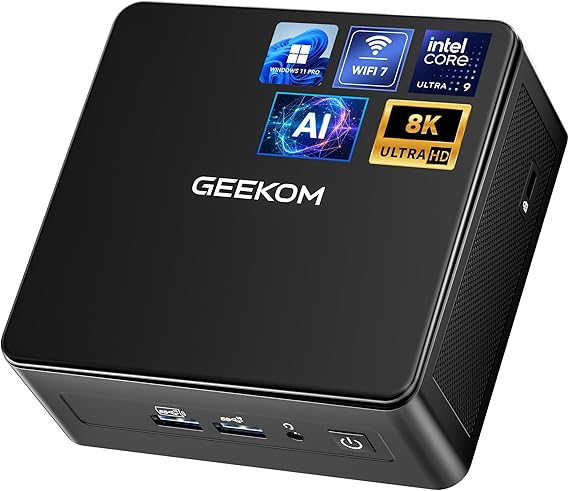 GEEKOM AI Mini PC GT1 Mega 14th Generation Strongest Intel Core U9-185H 16 Core/22 Threads/Up to 5.1GHz/24MB Cassille 32GB DDR5 5600MT/s+2TB M.2PCLe 4.0 SSD mini pc Windows11 Pro WiFi 7/BT5.4/HDMI/HDMI/BT5.4 2.5GLAN SD power single outlet/LceBlast cooling system 4 screens with same output up to 8K