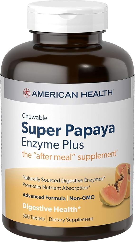 American Health Super Papaya Enzyme Plus Chewable Tablets, Natural Peppermint Flavor, Promotes Digestion & Nutrient Absorption, Contains Papain & Other Digestive Enzymes, 360 Count