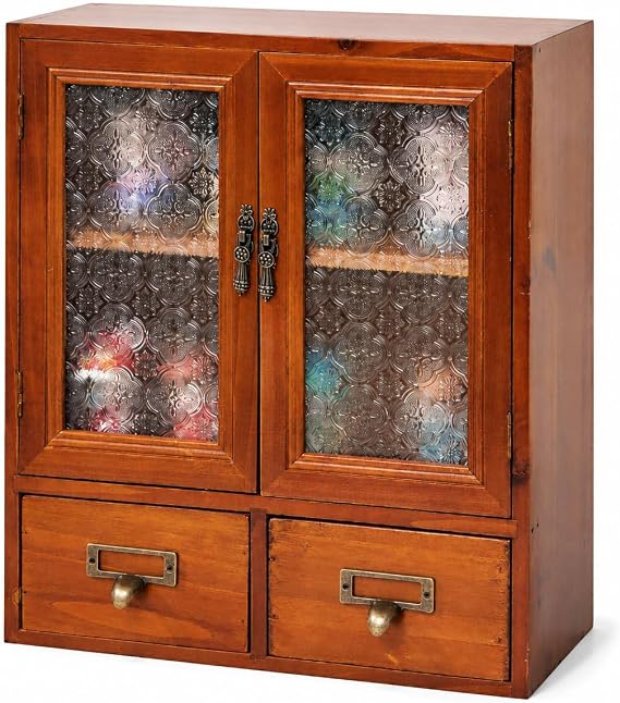 Geometric Motif Mahogany Storage Cabinet with Floral-Embossed Pressed Glass Doors Victoria Floral Patterned Display Cupboard with 2 Drawers for Kitchen, Pantry and Countertop Organization