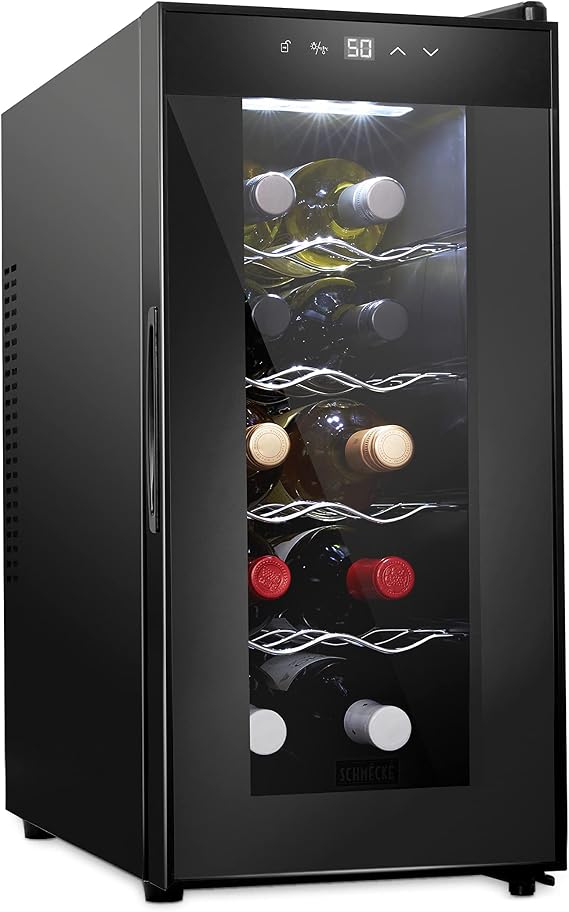 Schmecke 10 Bottle Red And White Wine Thermoelectric Wine Cooler/Chiller Counter Top Wine Cellar with Digital Temperature Display, Freestanding Refrigerator Smoked Glass Door Quiet Operation Fridge