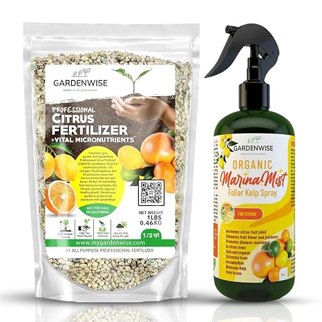GARDENWISE Professional Citrus Fertilizer & Organic Marina Mist Foliar Kelp Spray Bundle - Perfect Balanced NPK and Micro Nutrients for Indoor Outdoor Plants (1/2 Quart - 8oz)