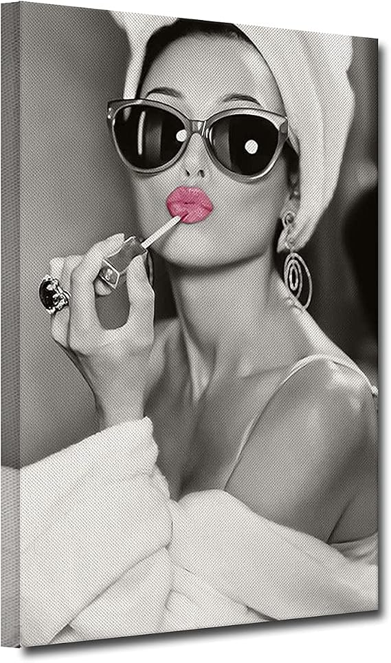 ZHONGYUTONG Audrey Hepburn Canvas Artwork Vintage Pink Lipstick Makeup Wall Art Black and White Cute Lips Print Modern Home Decor for Living Room Bedroom, Framed Ready to Hang (Print-1, 16''x24'')