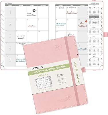 POPRUN Monthly Planner 2026-2027 Medium- 6.5 x 8.5 Soft Cover, 18-Month Calendar Book Jan.2026 - Jun. 2027, Calendar Planner with Monthly Tabs & Pocket, 100 GSM Paper - Pink