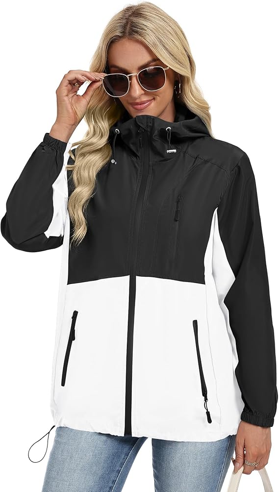 Waterproof Rain Jacket Women Plus Size Lightweight Rain Jacket with Pockets Windbreaker Packable Black White XXL