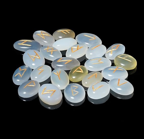 Crocon White Onyx Crystal Rune Stones 25 pcs with Elder Futhark Alphabet