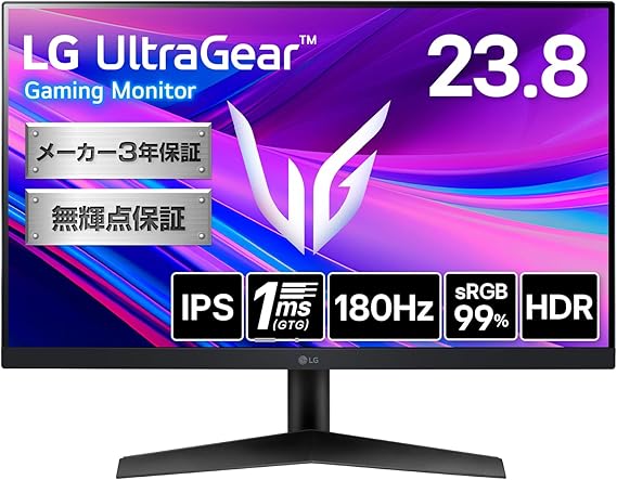 LG Gaming Monitor UltraGear 24GS60F-B 23.8-Inch / PC Games, Home Games / Full HD 1920 x 1080 / Anti-Glare / 180 Hz / IPS 1ms GTG / FreeSync™ Technology / G-Sync Compatible / HDR10 / DisplayPort