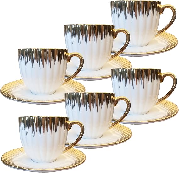 3.5oz Ceramic Turkish Coffee Cup Set of 6, British Italian Cappuccino Cups Porcelain Espresso Cups and Saucers with Gold Trim for Double Espresso Cappuccino Latte Mocha Tea