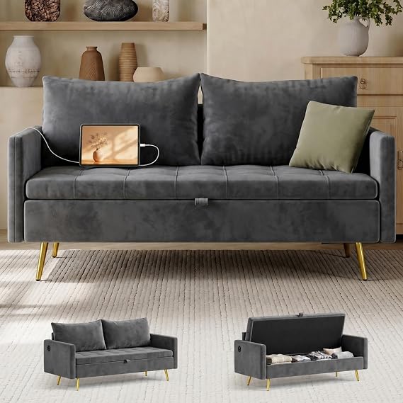 Mid Century Modern 60 In Grey Loveseat Storage Sofa 2 Seat With USB Ports