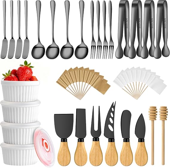 Charcuterie Boards Accessories Bowls, Cheese Knife Set Mini Butter Spreader, Serving Tongs, Forks, Spoons, Dipping Bowls with Lids, Toothpick Flags, Honey Dippers For Party Platter Making (Black)