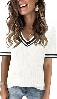 Kistore Womens Summer Short Sleeve Sweaters Tops V Neck Cable Knit Lightweight Sweater Shirts Blouses 2025