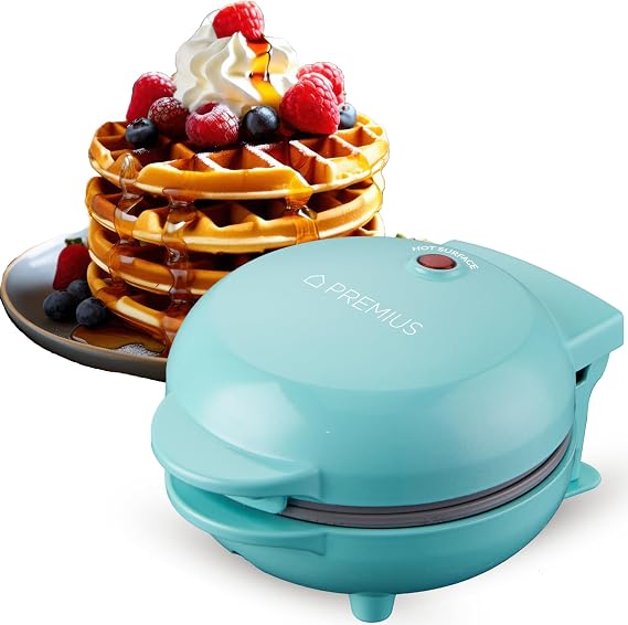 Ceramic Nonstick Mini Snack Waffle Maker, 4 Mold, Quick Heat for Crispy Waffles, French Toast, Tuna Melt, Egg & Grilled Cheese, Sandwiches for Kids & Family, Just Add Batter (Turquoise)