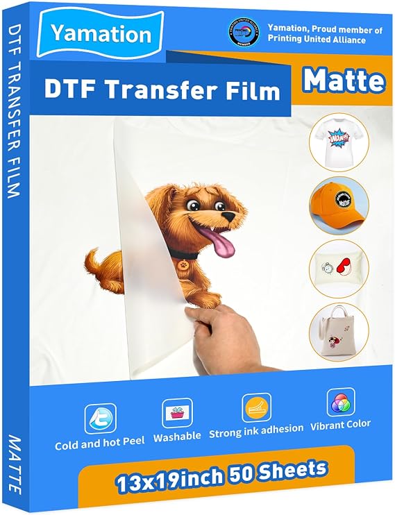Yamation DTF Transfer Film: 13x19 Inch 50 Sheets Premium Double-Sided Matte Finish PET Transfer Paper Direct to Film Transfer Paper for T-Shirt
