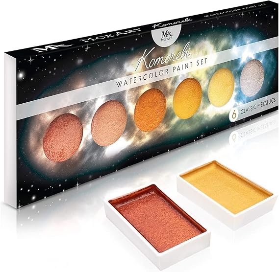 MozArt Supplies Komorebi Metallic Watercolor Paint Set Set of 6 Shimmery Colors Portable and Lightweight For Artists, Students, Kids & Hobbyists - Metallic Watercolor Paints