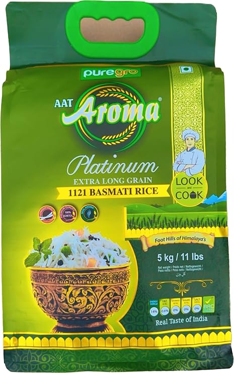 Puregro Basmati Rice 5kg | Platinum Extra Long Grain Basmati | Aroma | 1121 Basmati | Real Taste of Basmati | Premium Quality.