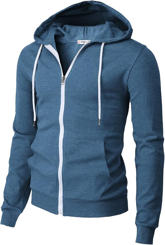 H2H Men's Zip Up Hoodie Lightweight Long Sleeve Basic Slim Fit Cotton SweatShirt with Pocket