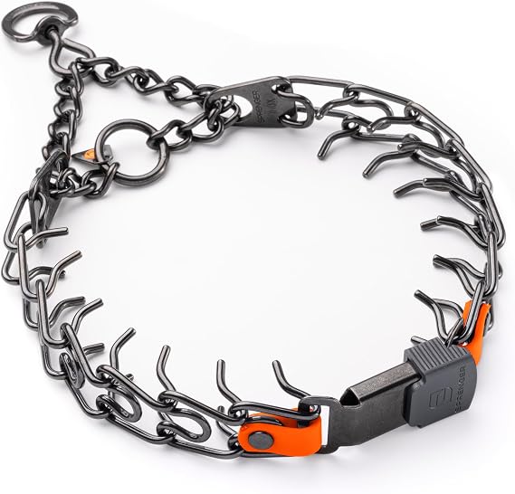 Herm Sprenger Black Stainless Steel Dog Collar with Short Links and Quick Release ClicLock Buckle and Biothane Insert Made in Germany 20in x 3.0mm (Neck Size up to 16-17in) (Hunter Orange)